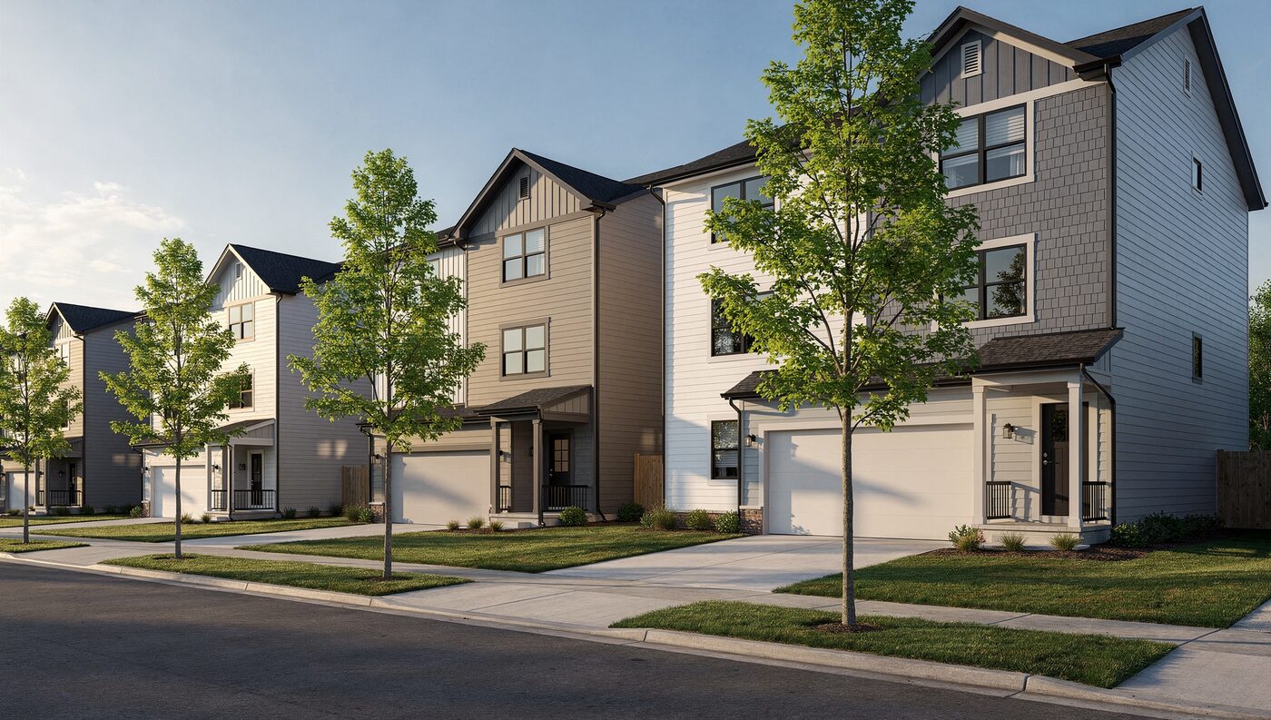 Elm Street Townhomes, a row of two-story townhomes with attached garages and front porches