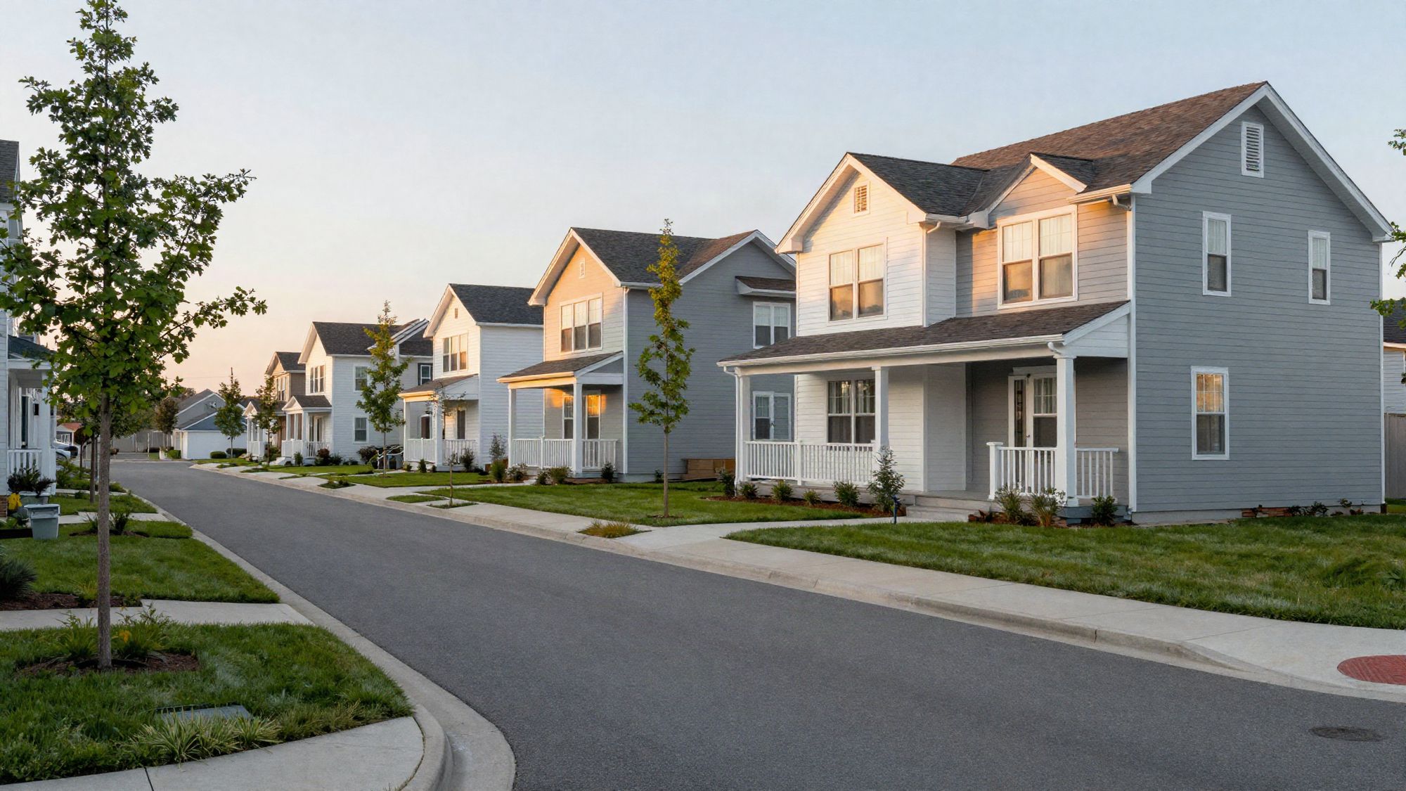 A curving street of new single-family rental homes at sunset
