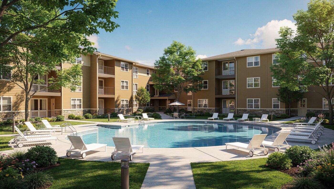 Juniper Court, two-story garden-style apartment buildings around a pool and lawn