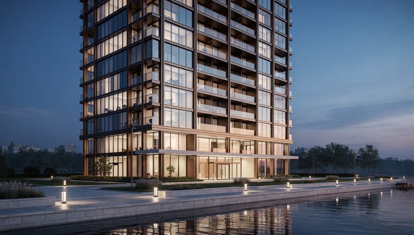 The Meridian at blue hour, a fourteen-story glass and bronze tower on the waterfront