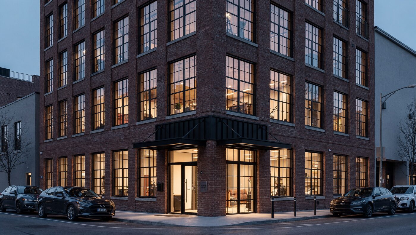 Parkline Lofts, a four-story brick warehouse converted to apartments, with tall arched factory windows