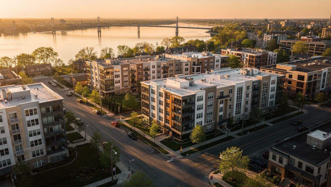 Aerial view of several mid-rise apartment buildings near a river at sunset